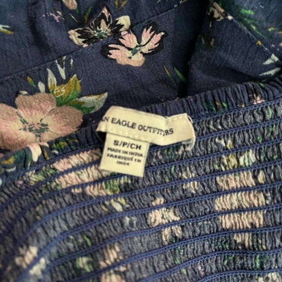 [S] American Eagle High Neck  Floral Smocked Romper Blue Peasant - Picture 6 of 10